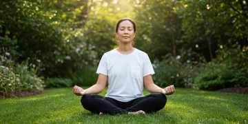 American person meditating peacefully in a garden, cultivating inner calm