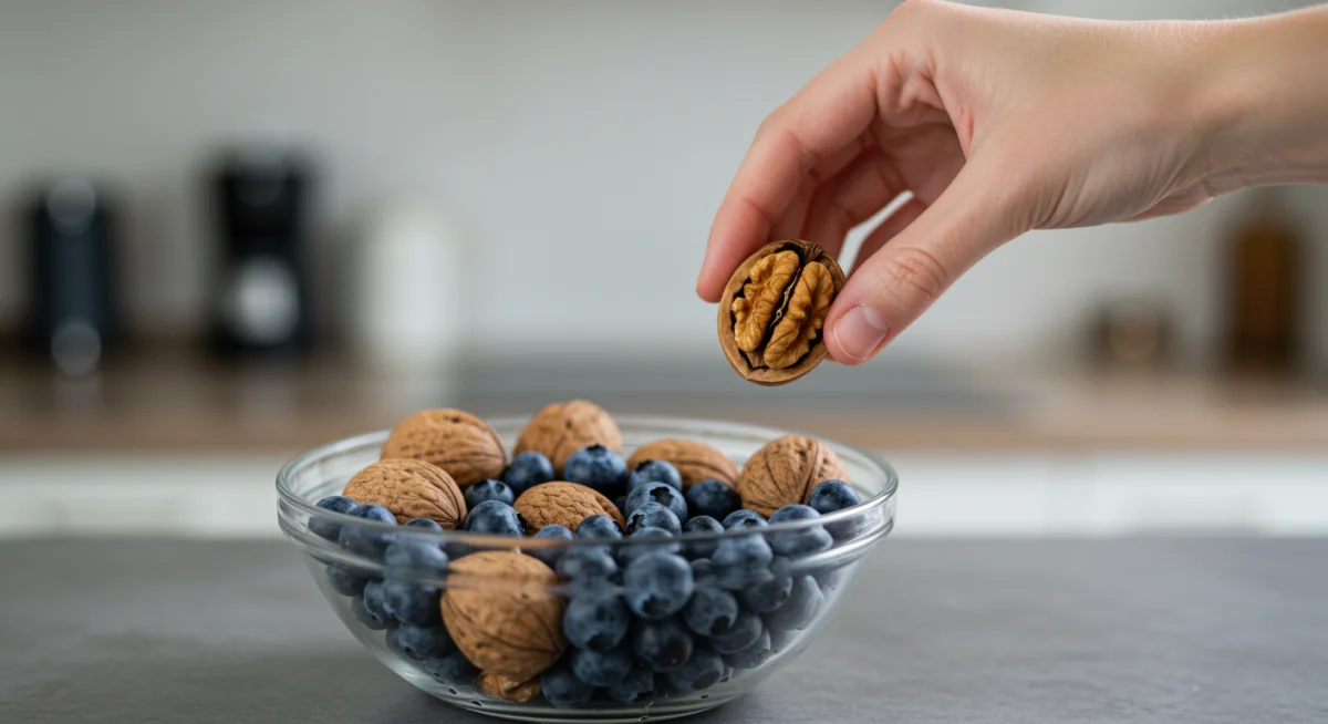 Hand selecting walnuts and blueberries, smart snacks for cognitive support.