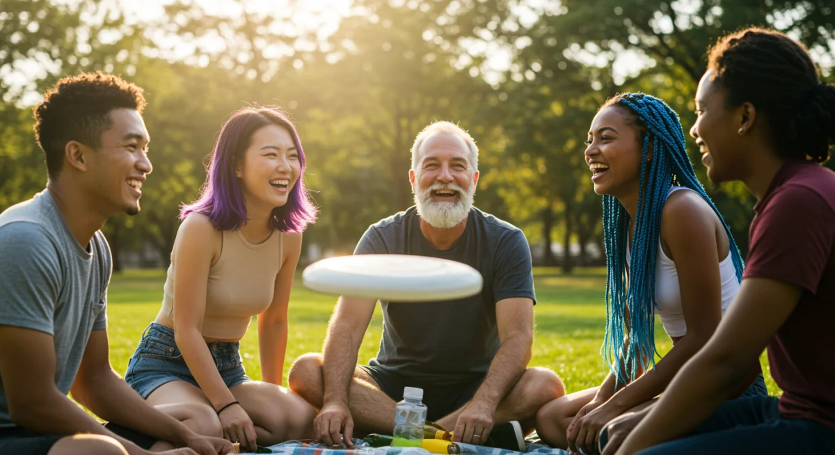 Friends laughing outdoors, illustrating the power of social connection for emotional health.