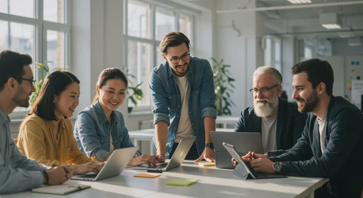Team collaborating happily in office, preventing digital overload