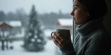 Person contemplating snowy winter landscape, emphasizing SAD prevention.