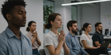 Professionals engaging in a mindfulness break in a modern office environment, promoting calm and focus.