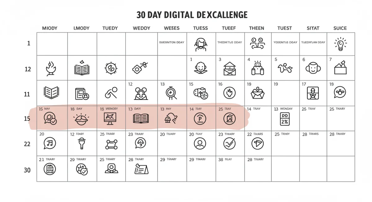 Calendar marking progress in a 30-day digital detox, showing alternative activities.