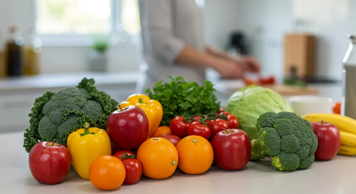 Healthy food preparation with fresh fruits and vegetables, promoting stress-reducing nutrition