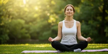 Serene person meditating outdoors, reducing stress and finding inner peace