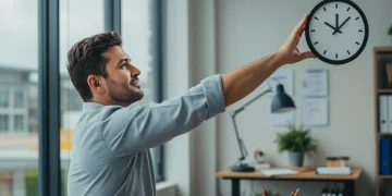 Office worker enjoying a 15-minute micro-break for enhanced productivity and reduced stress.