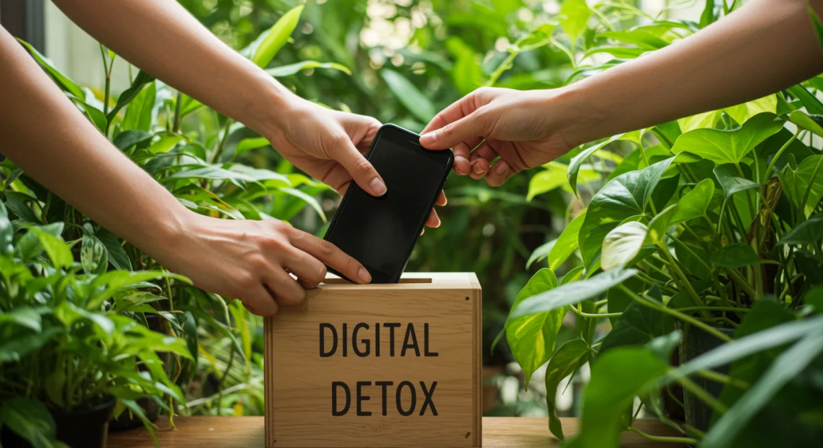 Hands placing smartphone in digital detox box