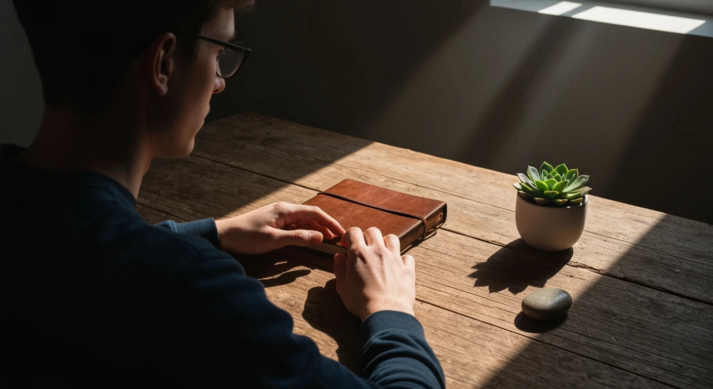 A person contemplating holistic well-being at a desk with a journal, river stone, and succulent, bathed in dramatic chiaroscuro light.