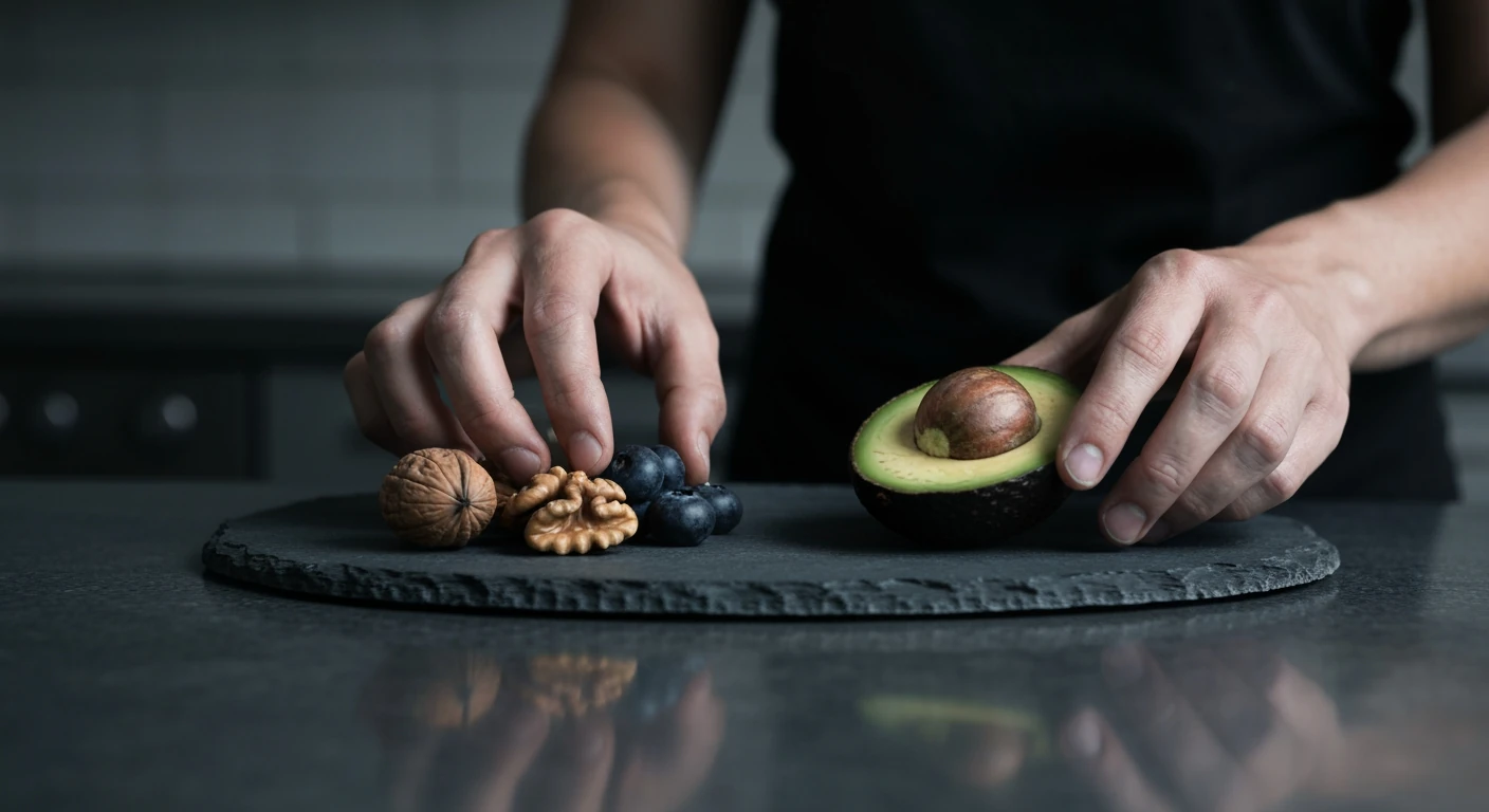 Close-up of hands arranging brain-boosting foods like blueberries, walnuts, and avocado on a slate board, symbolizing the direct link between nutrition and cognitive health and the importance of quality fuel for optimal brain function.