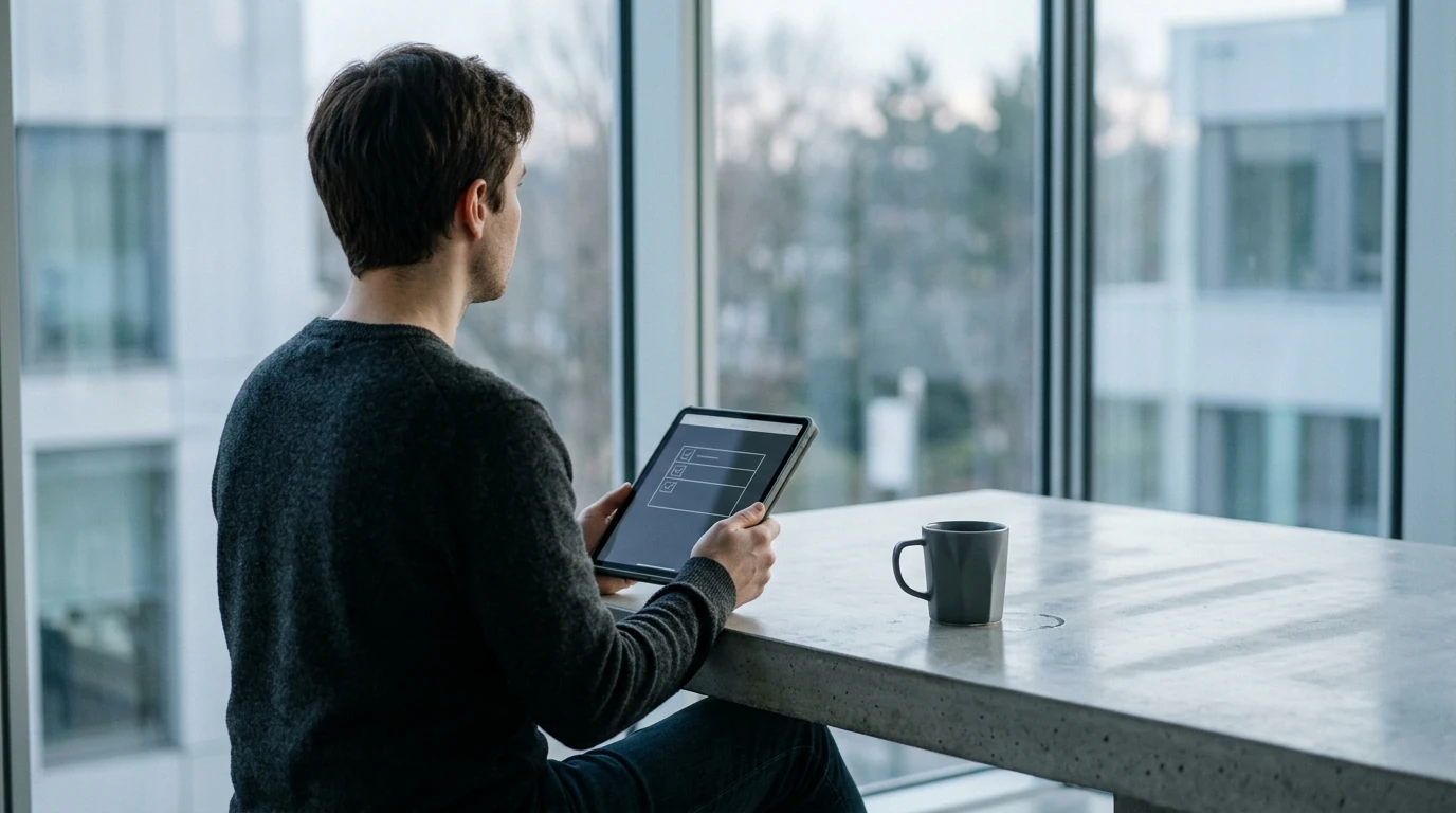 A person in their late 20s contemplating a digital self-assessment checklist on a tablet, looking out a large window in a minimalist setting, embodying personal health vision.
