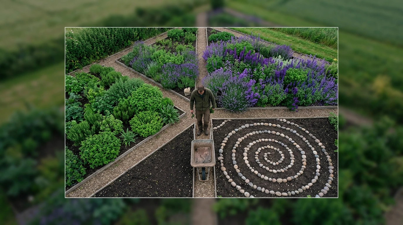 An aerial view of a person tending to a geometrically patterned garden, symbolizing the cultivation of healthy habits for cognitive health and neuroplasticity.