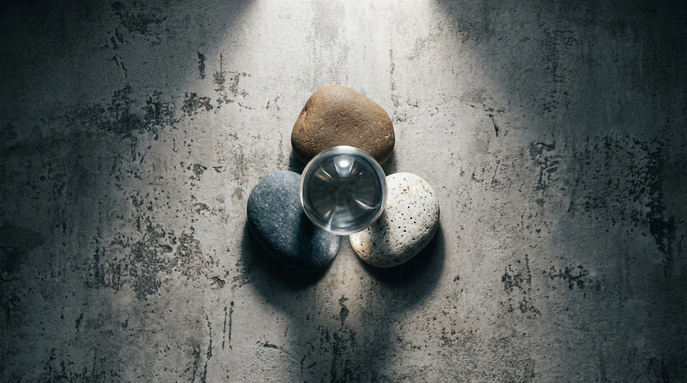 A symbolic arrangement of three river stones supporting a glass sphere on concrete, illustrating the pillars of mental wellness under dramatic light.