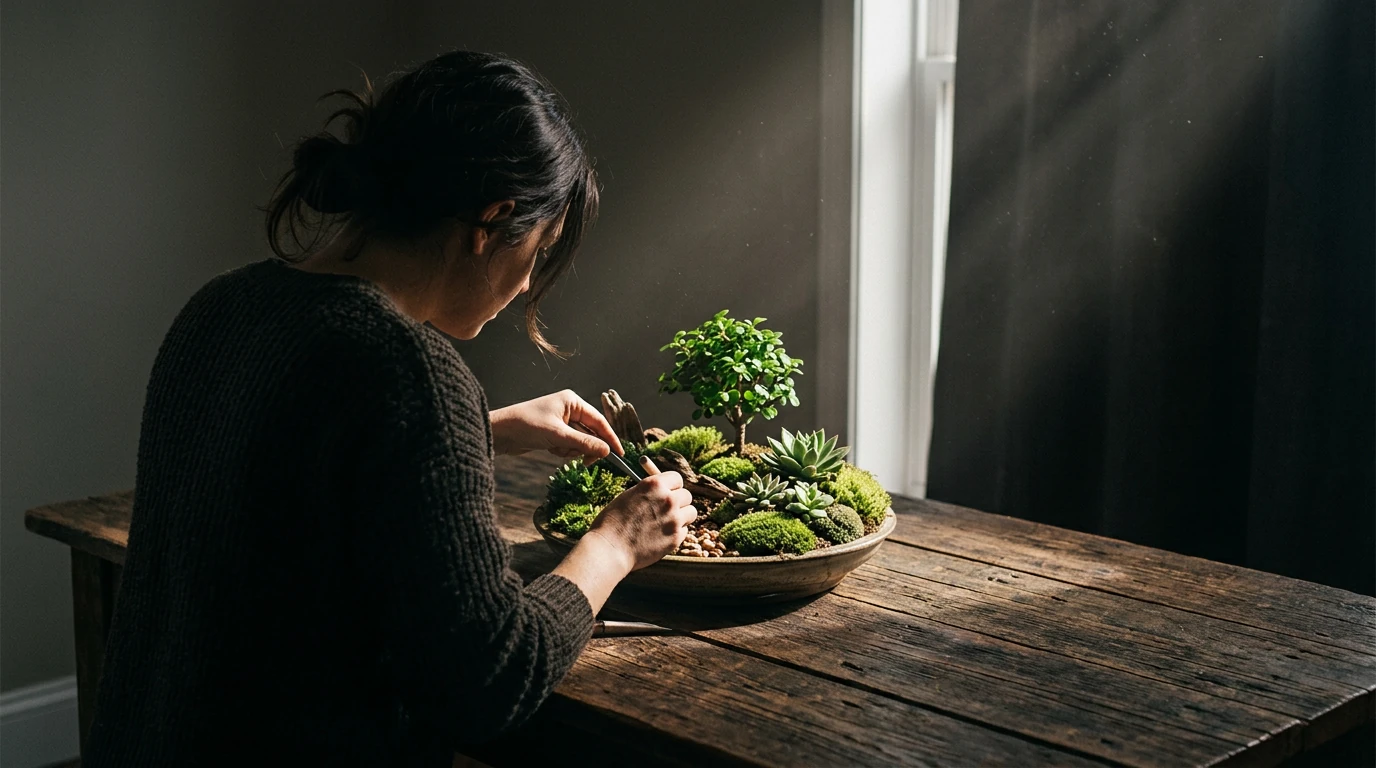 Person tending to a miniature indoor garden with succulents and a bonsai, dramatic chiaroscuro lighting emphasizes the textures of plants and wood, symbolizing proactive self-care.