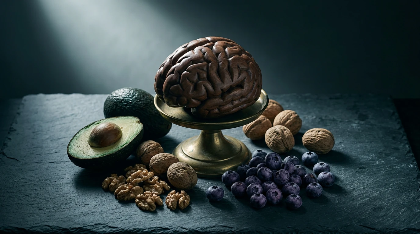 Dramatic photograph of a polished wooden brain model surrounded by nutrient-rich foods like avocado, walnuts, and blueberries on a slate counter, highlighting the brain-food connection.